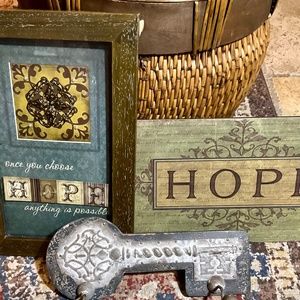 Bundle of Decor, plaque, framed art and vintage wall key or coat rack